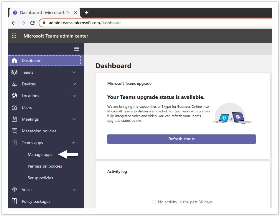 Accessing Manage apps in the Microsoft Teams admin dashboard.
